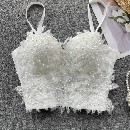 Women Hotsweet Sleeveless Sexy Chest Cushion Lace Backless Embroidered Beads Slim Straps Camis Top High Street Autumn Clothing