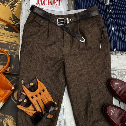 British-Style Vintage Wool Herringbone Pattern Men's Trousers, Large Size, Loose Straight-Leg Naples Men's Pants