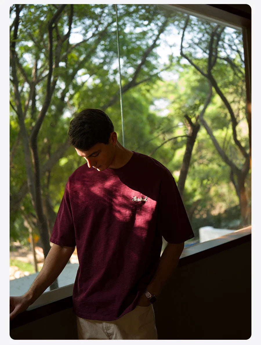 Summer New Super Loose Heavyweight 300gsm Slub Cotton T-shirts Men Letter Embroidery Tops