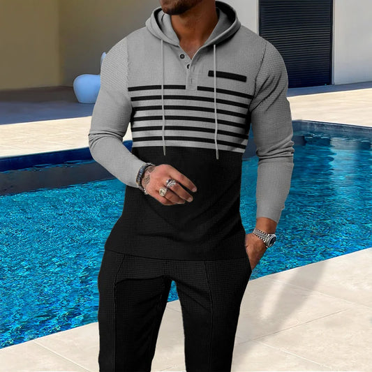 New Men's Waffle Casual Set Outdoor Four Seasons Versatile Trendy Stripe Color blocked Hoodie, Casual Pants Two Piece Set