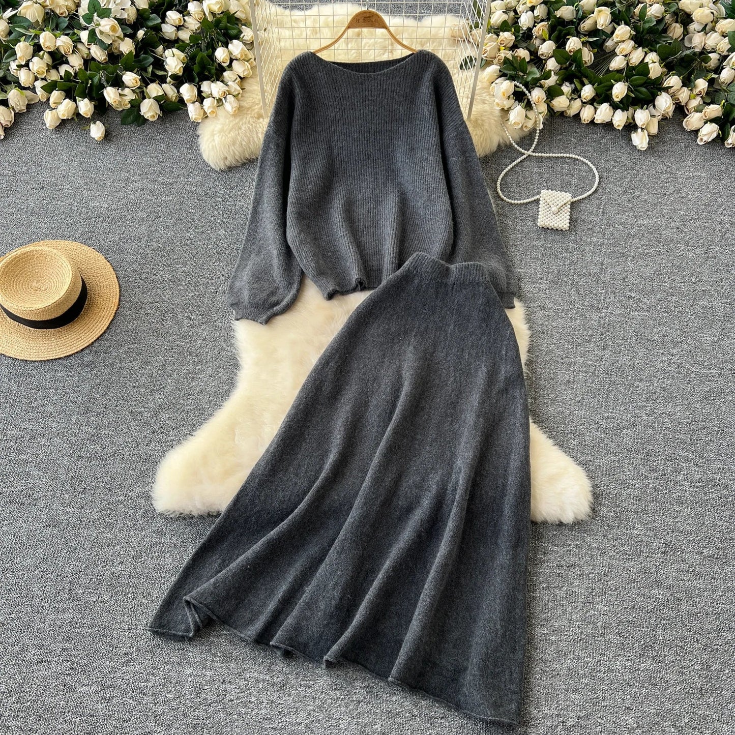 Autumn Casual Two Pieces Sets Women O-Neck Loose Knitting Top+Elastic Waist Large Swing Skirt Basic Korean Winter Sets