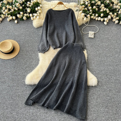 Autumn Casual Two Pieces Sets Women O-Neck Loose Knitting Top+Elastic Waist Large Swing Skirt Basic Korean Winter Sets
