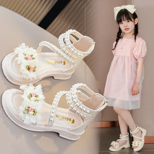 Children's Sandals Summer Bowtie Princess Shoes for Girls Fashion Sweet Kids Causal Pearl Roman Sandals Solid Color Hook Loop