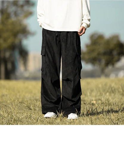 2025 autumn and winter new retro brown corduroy multi pocket workwear pants for men, loose drawstring elastic waist pants
