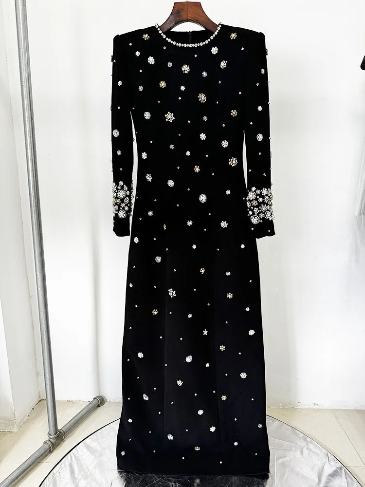 HIGH STREET Newest Fashion 2026 Designer Party Vestido Women's Formal Long Sleeve Luxurious Beaded Long Maxi Dress
