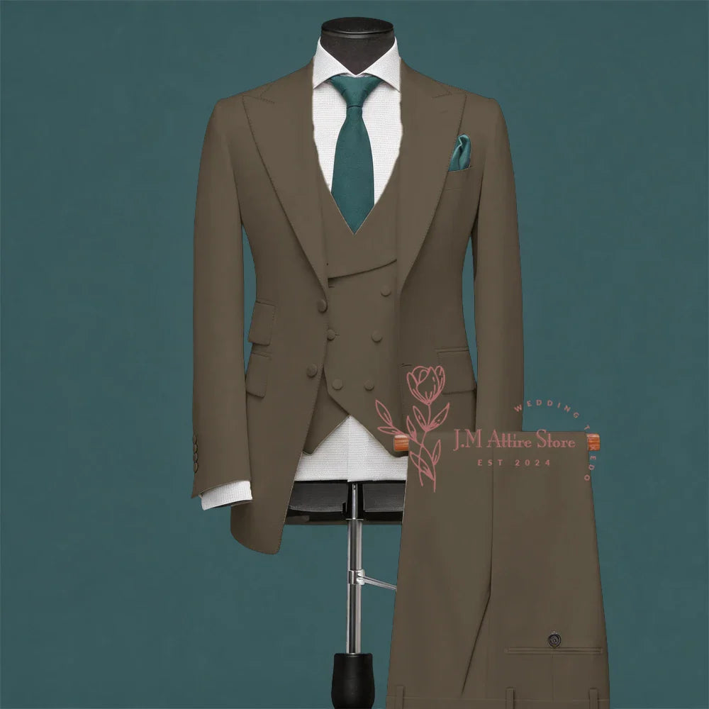 Light Green Men’s Suit Slim Fit Peak Lapel Jacket Double Breasted Vest Pants Wedding Formal 3 Piece Party Set For Groomsmen
