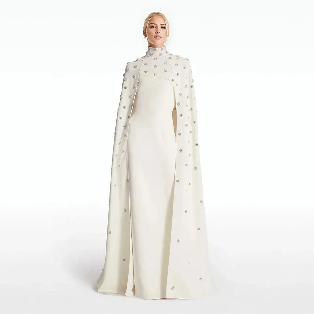Customized Vintage Two Pieces Prom Dresses with Cape Wedding Party Dresses High Collar Crystal Beaded Evening Gowns Arabic 2024