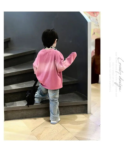 2pcs Set Children's Clothing 2026 Boy Spring Autumn New Korean Version Pink Gradient Base Shirt Fashion Personalized Denim Pants