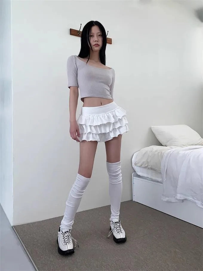 Y2k Lolita Mini Cake Skirt Soft Girl low Waist Ruffle Fluffy Fairy Skirts Summer Kawaii Cute Elegant Short Skirt Black