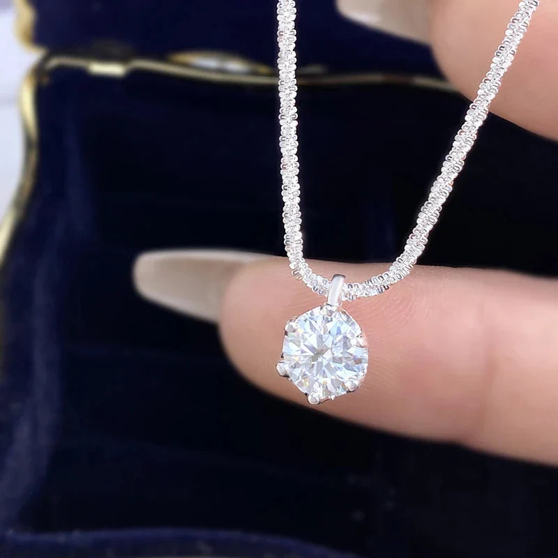Real Moissanite Diamond 6 Prong Pendant Necklace 925 Sterling Silver Sparkling Cauliflower Chain for Women Wedding Fine Jewelry