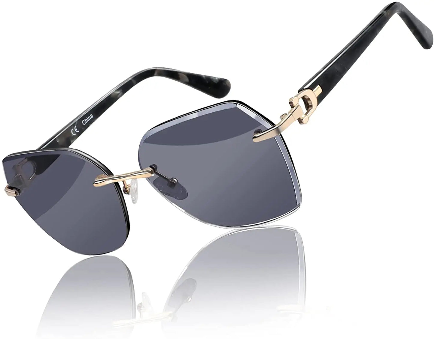 Fashion Women Rimless Sunglasses for Ladies Trendy Geometric Diamond Cutting Gradient Lens UV Protection Shades