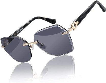 Fashion Women Rimless Sunglasses for Ladies Trendy Geometric Diamond Cutting Gradient Lens UV Protection Shades