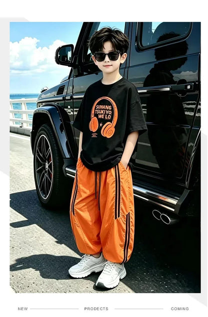 Street Style Children Luxury Summer Outfit Top And Bottom Set for Teen Boys T-shirt Pants Suit Kids Fashion Streetwear Clothes