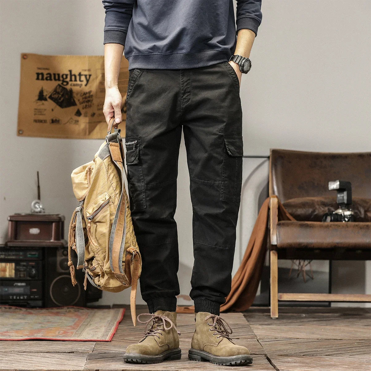 Length Men's Cargo Pant Cotton Stretch Casual Camouflage Trouser Male Camo Cuff Jogger Multi Zip Pocket Outfit Zipper Tied