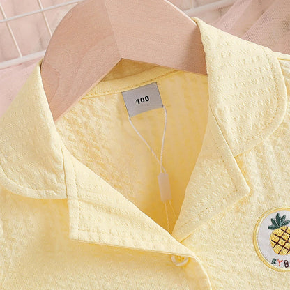 Girls Summer Dress 100% Cotton 2-8Y Cold Shoulder Short Sleeve Pineapple Embroidery Button Up Casual A-Line Sundress