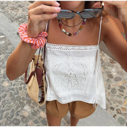 Thin Strap Square Neck Hollow Embroidery Women Cami Top Back Self Tie String Irregular Asymmetrical Lace Hem Loose Cropped Tank