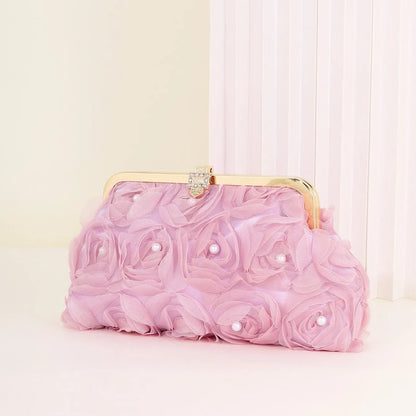 3D Floral Decor Clutch Bag, Elegant Silk Appliques Dinner Purse For Wedding Party Prom Banquet - Perfect for Wedding， Party