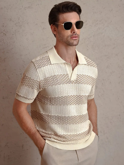 Daily Casual Mens Knitted Polo Shirts 2026 Summer Fashion Striped Contrast Color Knit Pullovers Men Stylish Turn-down Collar Top