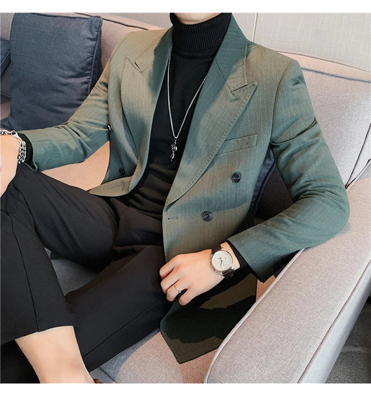 Classic Luxury Striped Men Suit Jacket Fashion Double Breasted Business Office Wedding Tuxedos Male High Quality Slim Fit Blazer