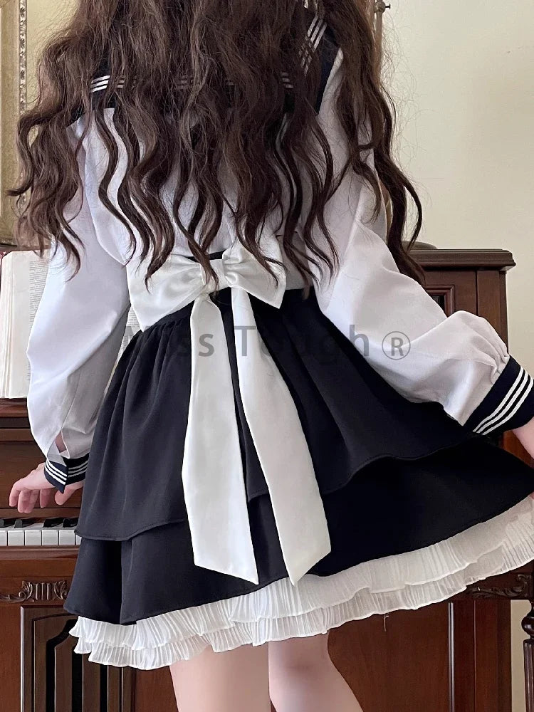 Japanese Bow Lolita Style Kawaii Skirts Women Black Ruffles Cute Mini Skirt Female Korean Fashion High Waist Princess Skirt 2023
