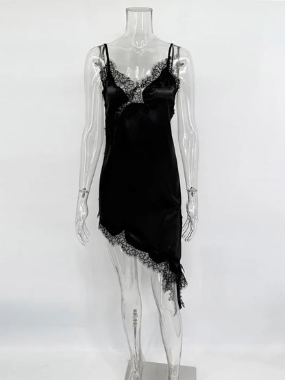 Trendix Black Lace Slip Dress Women exy Hollow Out Sleeveless Short Dresses Party Club Ruffle Loose Elegant Backless Mini Dress