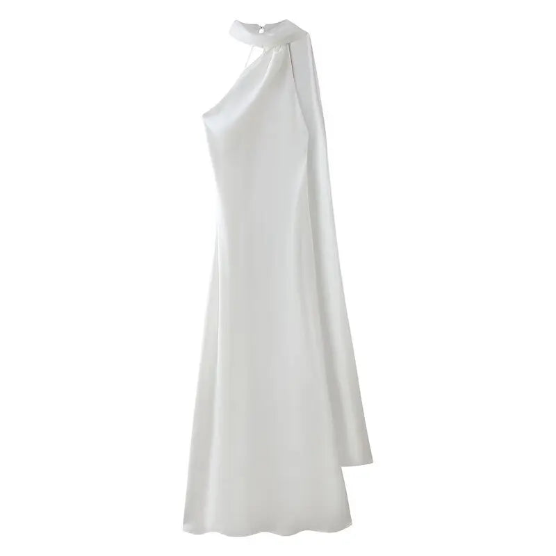 Elegant Long Silk Satin Dress Neck Hanging Pure Color Slim Fit Summer New Fashion Women's Dress City Commuting Casual Wedding