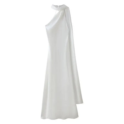 Elegant Long Silk Satin Dress Neck Hanging Pure Color Slim Fit Summer New Fashion Women's Dress City Commuting Casual Wedding