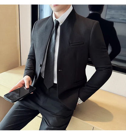 Waffle New Chinese Stand-Up Collar Suit Coats Men Slim Fit Business Casual Fashion Suits Jacket Formal Social Prom Party Tuxedos