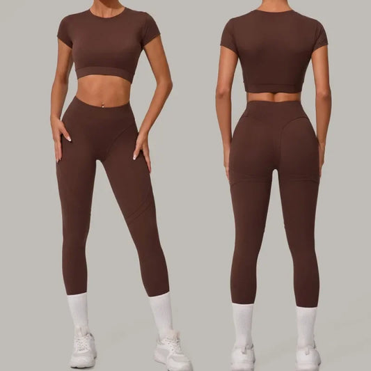 Gym Workout Yoga Fitness Sports Suit Short-sleeved Top Padded-free High-waisted Hip-lifting Trousers Outdoors Leisure Sportswear