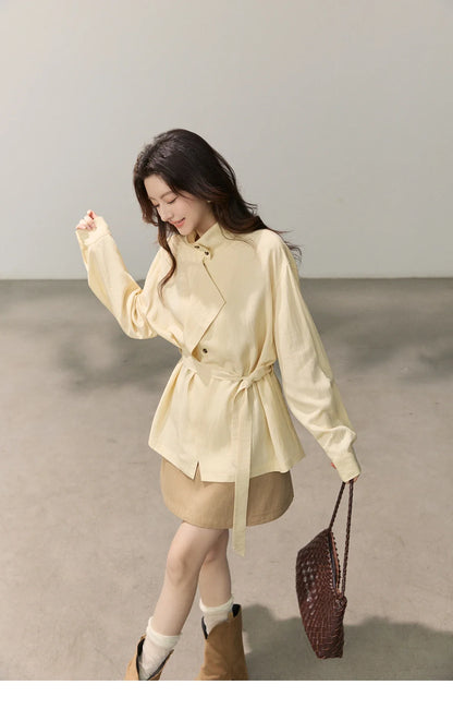 Women's Stand Collar Long Sleeve Shirts Spring Belted Waist Asymmetric Button Tops Casual Loose Solid Shirt MXF13C2459