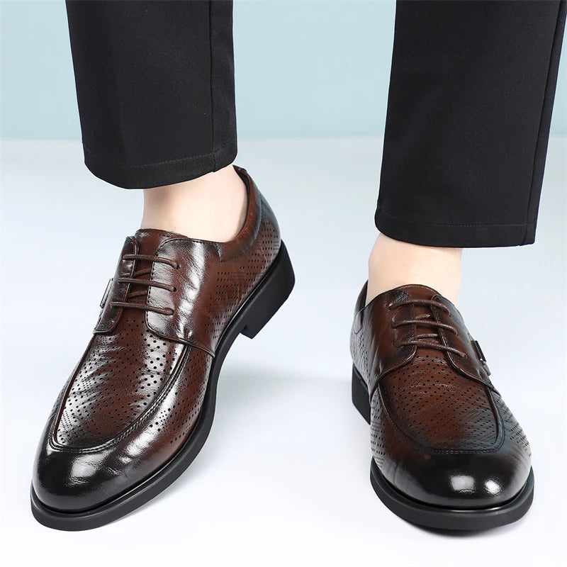 Men's Summer Breathable Leather Shoes Comfortable Soft Bottom Hollow Design Business Formal Derby Shoes British Style-SJ551-1
