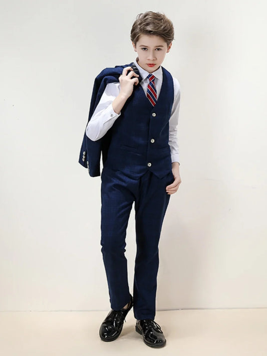 Notched Lapel Boys Slim Fit Suits 3 Pieces Host Costumes Autumn Long Sleeved Kids Suit Set Birthday Party Tuxedo Plus Size