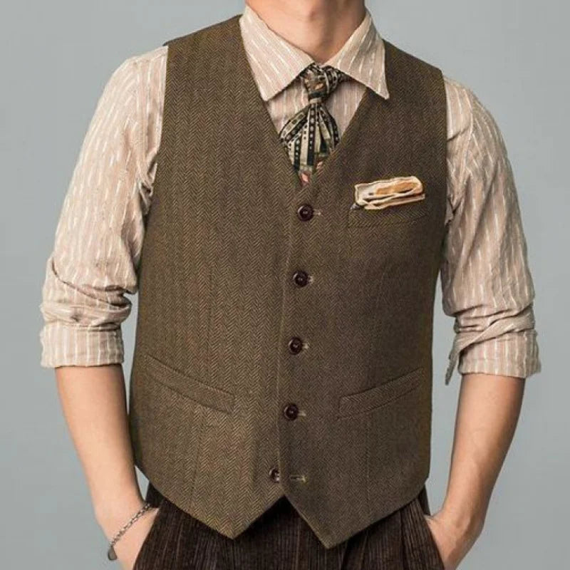 Men Suit Coffee Herringbone Single Button Business Casual Waistcoat For Wedding Birthday Banquet Work Set Men Suit Vest