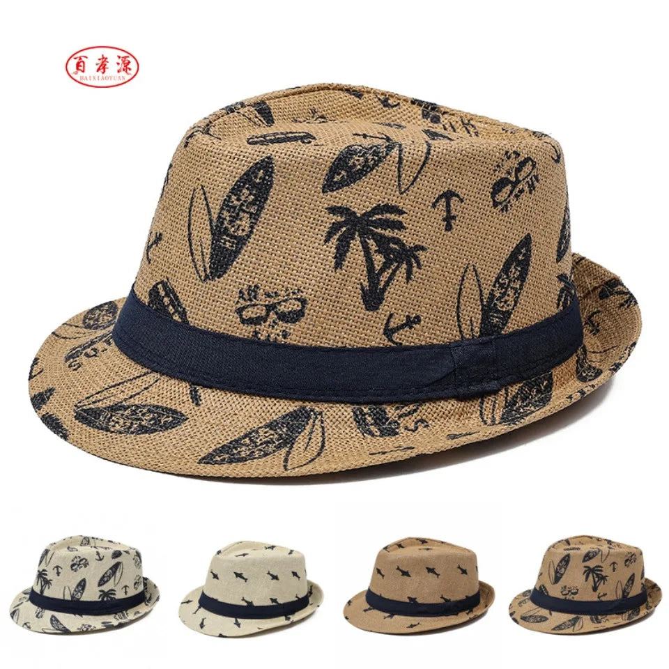 2026 Men's Breathable Straw Fedora Hat with Tropical Print UV Protection Beach Vacation Casual Jazz Cap for Summer