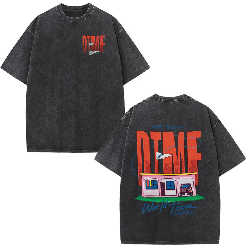 Rapper Bad Bunny Washed Vintage T-shirt Debi Tirar Mas Fotos DTMF World Tour 2026 T Shirts Men Women Fashion Hip Hop T-shirts