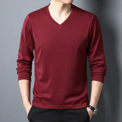 Minimalist Men's V-neck Long Sleeve T-shirt Soft Knitted Fabric Comfortable Top for All Seasons