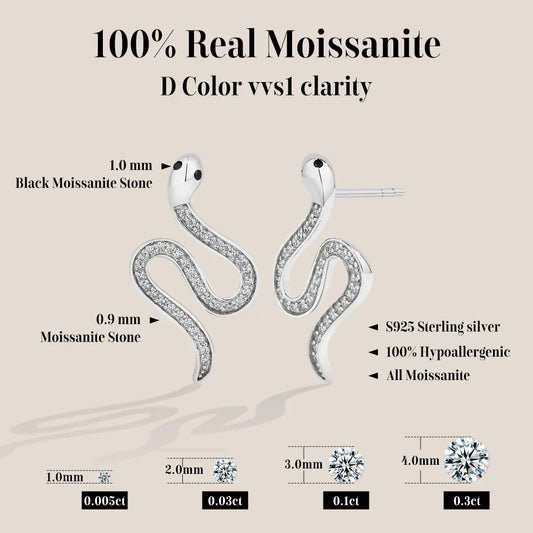 Full moissanite Snake Stud Earring For Women Girls Real 925 Sterling Silver Jewelry Engagement Party Gifts High Quality