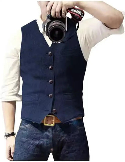 Vintage Men's Suit Vest V Neck Wool Herringbone Tweed Casual Classic Slim Fit Waistcoat Formal Business Wedding Groomsmen