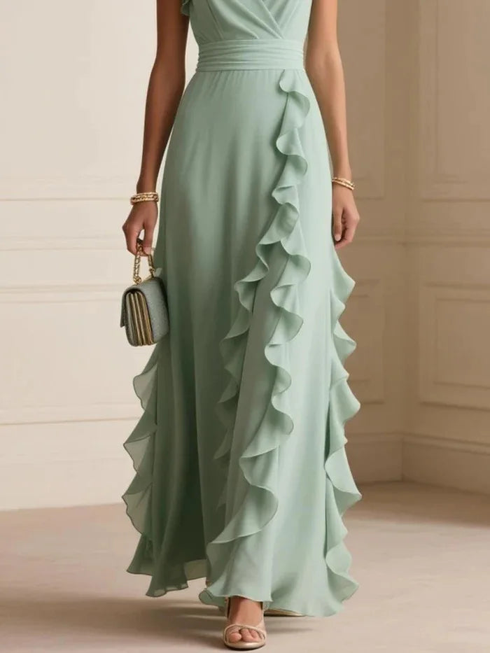 Women's Elegant Solid Color Ruffle Sleeveless Sexy V-Neck Long Dress Fashionable Bohemian Women's Party Evening Maxi Dresses