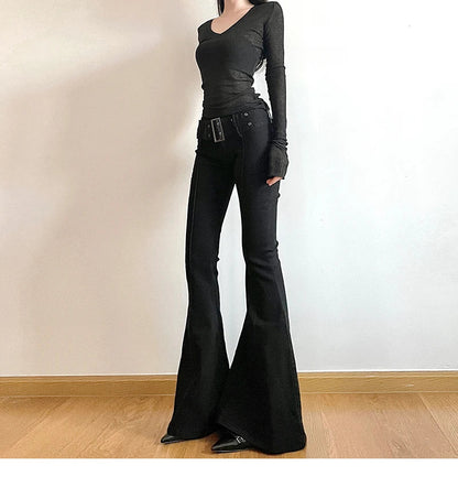 Women's Black Jeans Flare Pants Y2k Retro Emo 2000s Streetwear Fashion Trousers Harajuku Wide Yoga Pants 90s Aesthetic Clothes