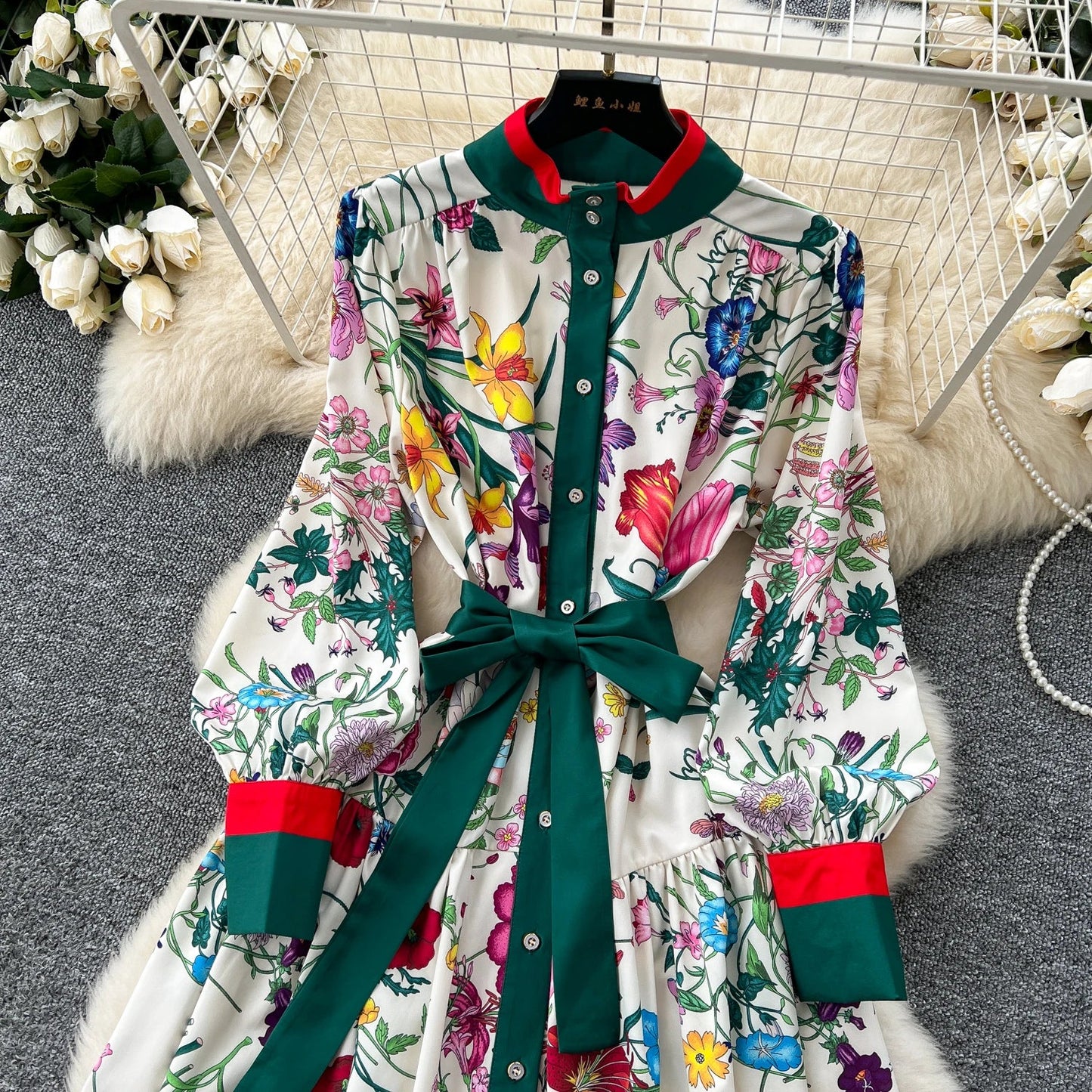 Retro Faion Print Stand Collar Single Button Women's Dr Waist Cinched Floor Length Skirt Korean Sle High Waist Long Sl...