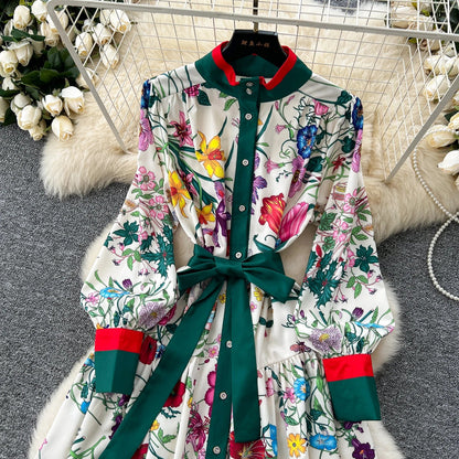 Retro Faion Print Stand Collar Single Button Women's Dr Waist Cinched Floor Length Skirt Korean Sle High Waist Long Sl...