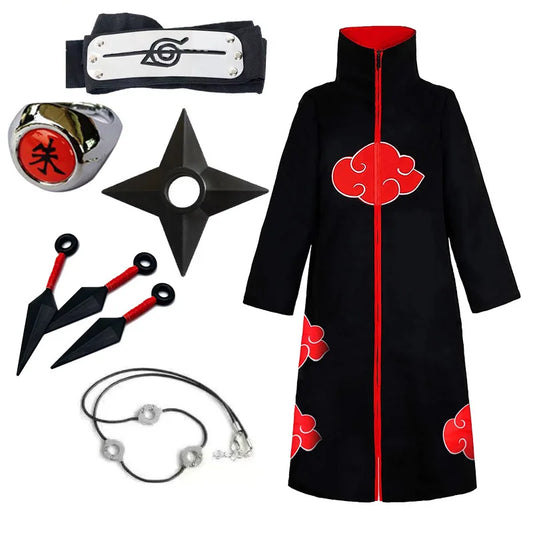 Anime Ninja Cosplay Akatsuki Cosplay Costume Uchiha Itachi Red Cloud Cloak Robe Cloak Headband Props Halloween Clothe