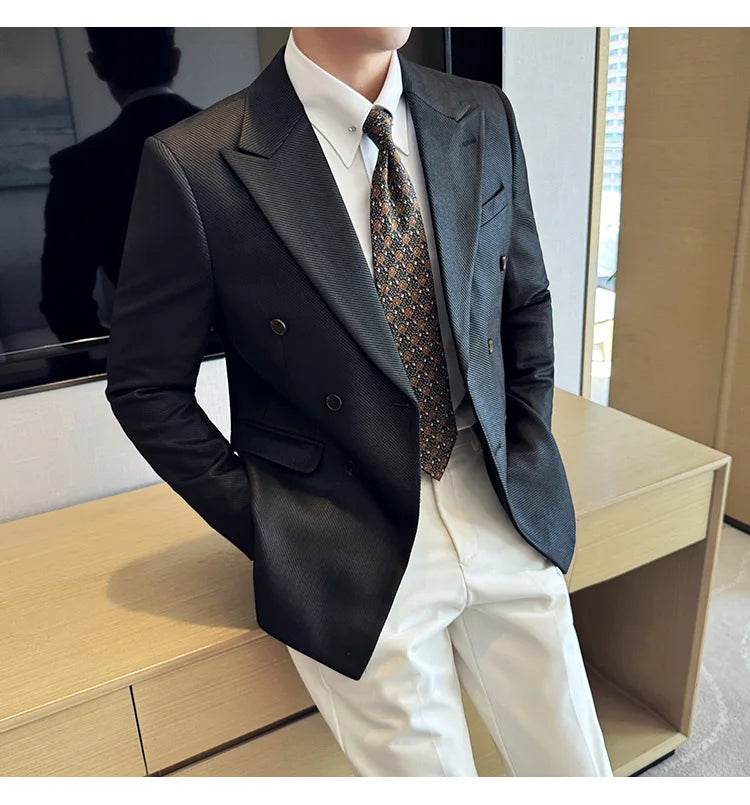 High Quality Men Double Breasted Blazer Suede Gilded Twill Slim Fit Business Social Formal Suit Jacket Tailcoats Men Clothes
