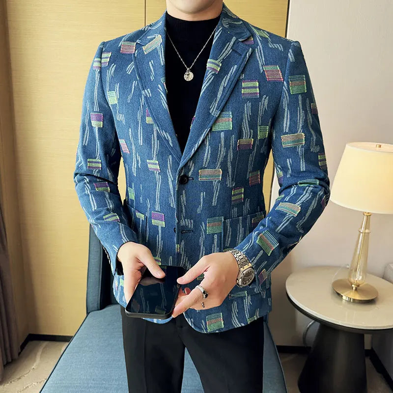 2025 New Luxury Denim Jacquard Suit Coats Men Fashion Slim Fit Suit Casual Business Party Coat Uniform Wedding Social Tailcoat