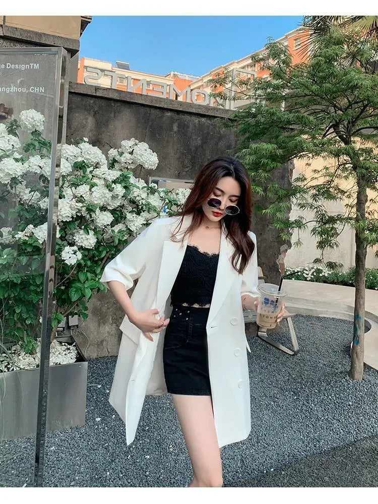 Korean Fashion Loose Thin Blazer Women Spring Autumn New Extra Large Mid Length Short Sleeved Women Coat Casual Outwear