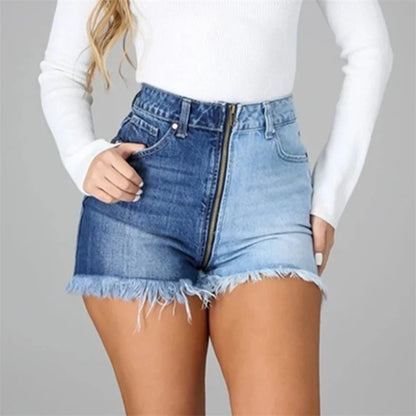 Fashion Front Zipper Open Crotch Denim Shorts Women Casual High Waist Color Contrast Patchwork Female Tassel Three Quarter Pants