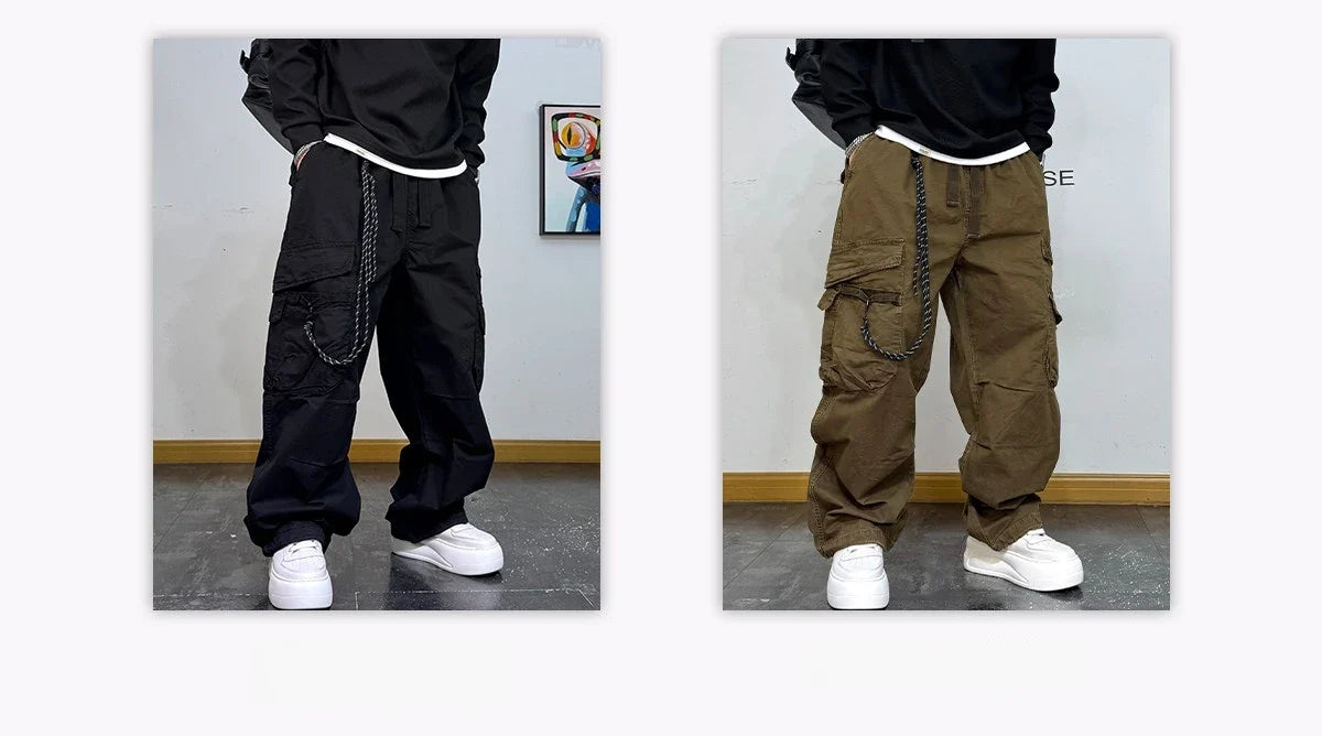 American Premium Cargo Pants Mens Pleated Baggy Multi Pocket Streetwear Oversized Straight Leg Casual Spring Fall Trendy Male