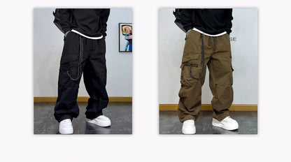 American Premium Cargo Pants Mens Pleated Baggy Multi Pocket Streetwear Oversized Straight Leg Casual Spring Fall Trendy Male