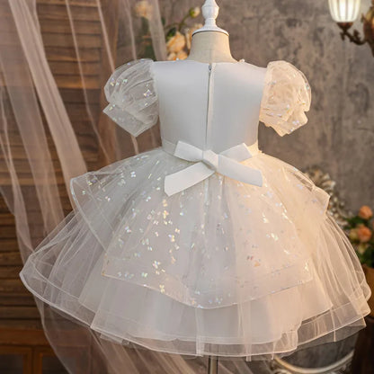 Summer New Girls' Bow Bead Embroidered Fluffy Skirt Baby Girl's Birthday Mesh Dress